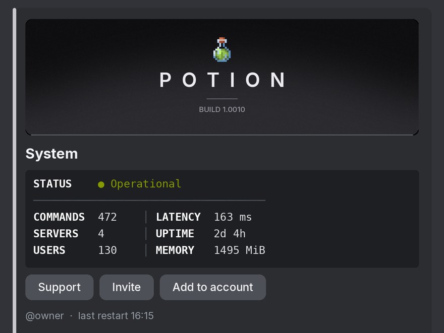 Potion's /about card showing commands, servers, users, latency, uptime and memory