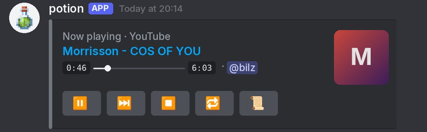 Potion's Now Playing card with a progress bar and playback buttons